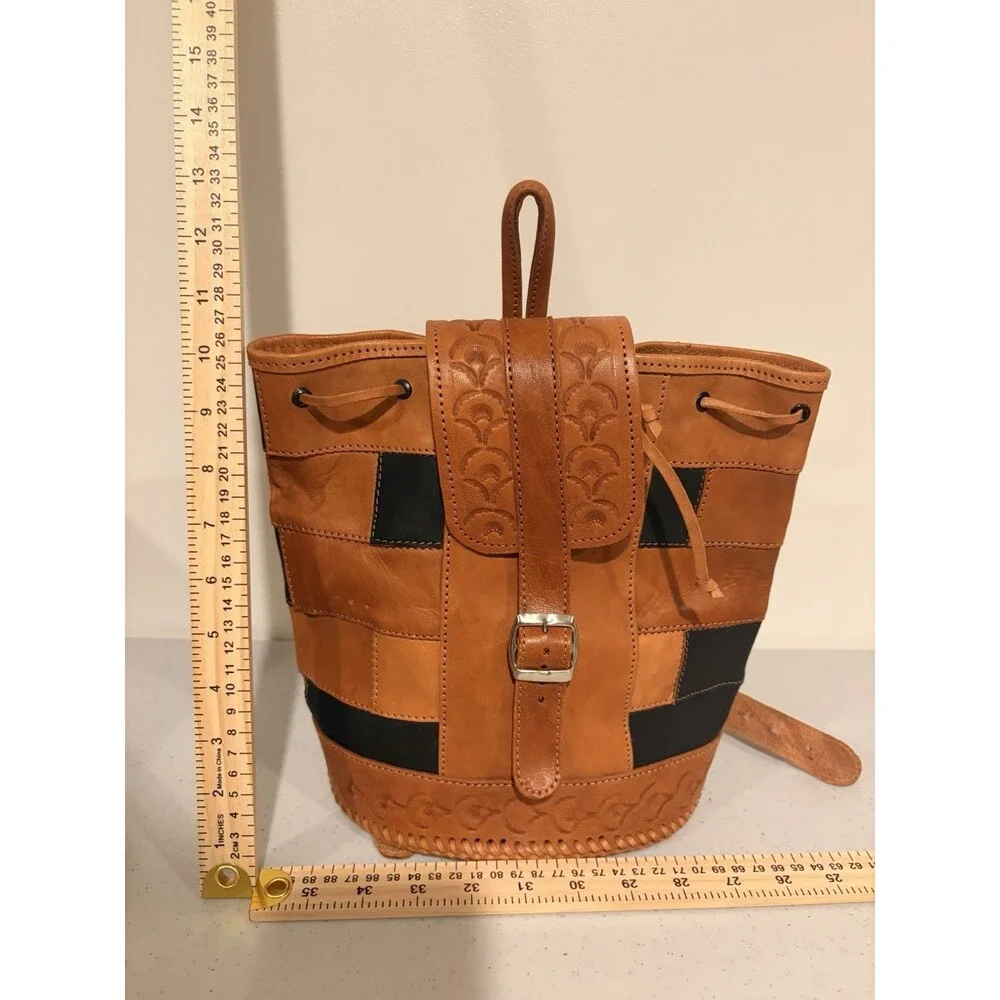 Vintage Hand Tooled Leather Patchwork Mini Backpack Boho Festival Drawstring Bag